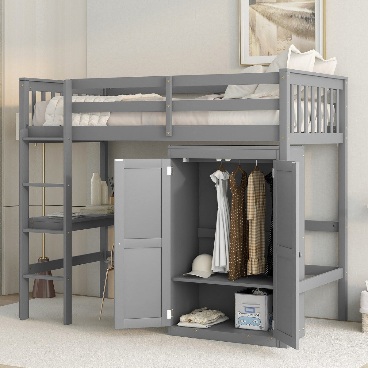 Gray Twin Size Wood Loft Bed with Desk and Wardrobe