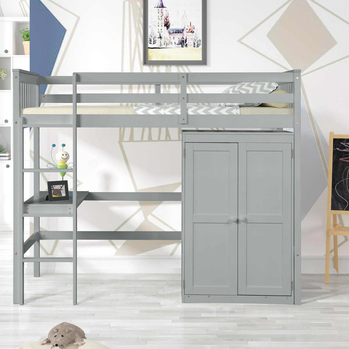Gray Twin Size Wood Loft Bed with Desk and Wardrobe