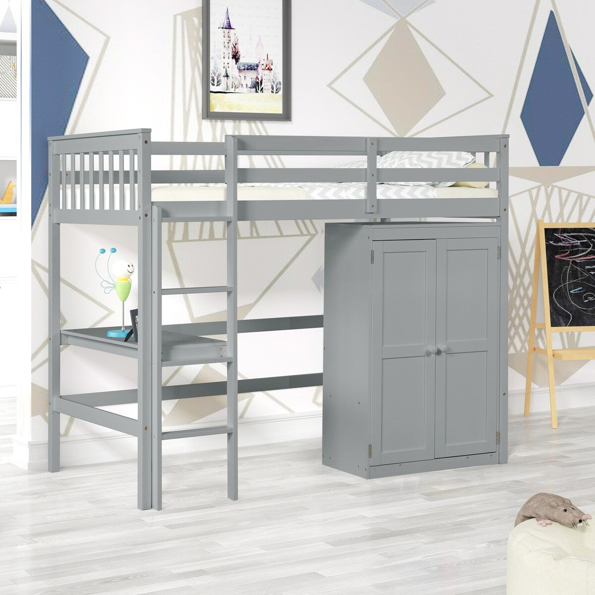 Gray Twin Size Wood Loft Bed with Desk and Wardrobe