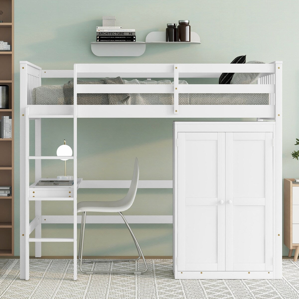 Gray Twin Size Wood Loft Bed with Desk and Wardrobe