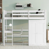 Gray Twin Size Wood Loft Bed with Desk and Wardrobe