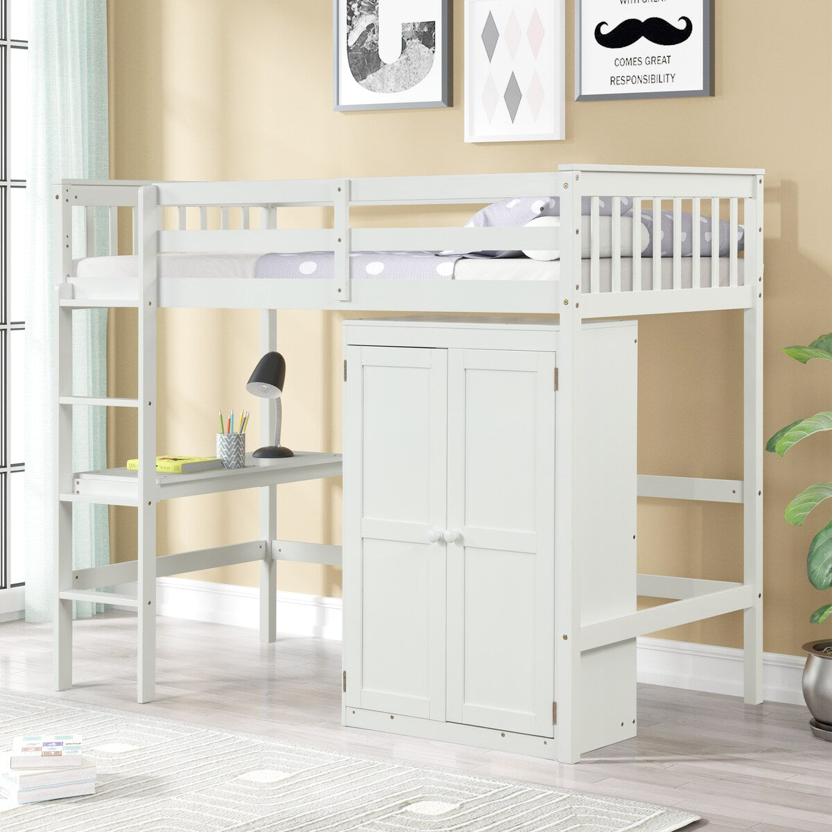 Gray Twin Size Wood Loft Bed with Desk and Wardrobe