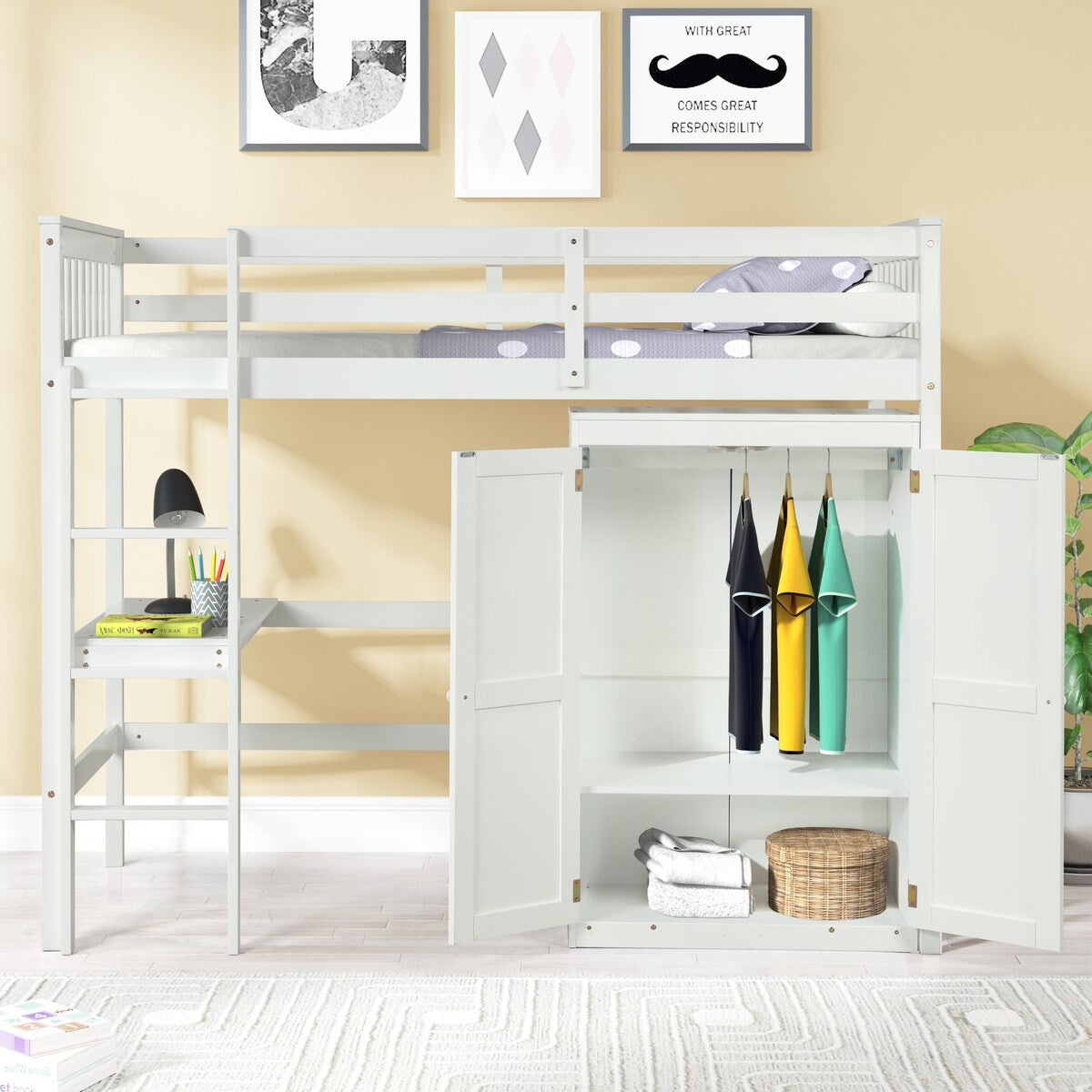 Gray Twin Size Wood Loft Bed with Desk and Wardrobe