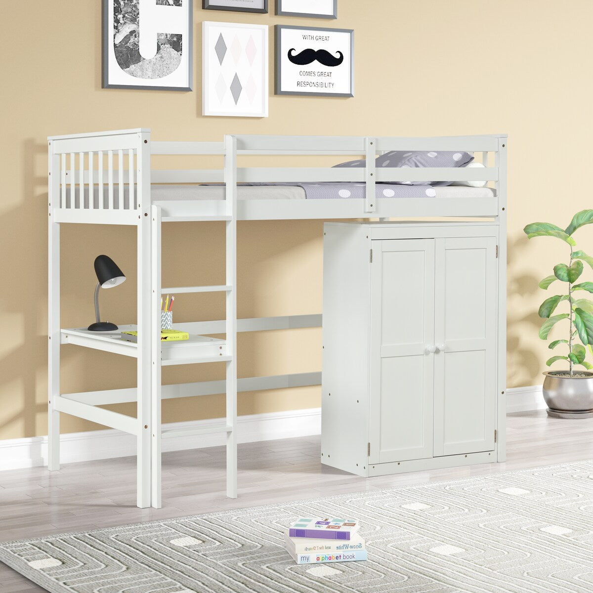 Gray Twin Size Wood Loft Bed with Desk and Wardrobe