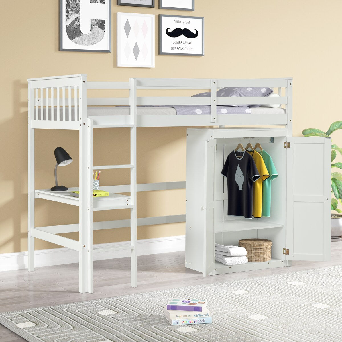 Gray Twin Size Wood Loft Bed with Desk and Wardrobe