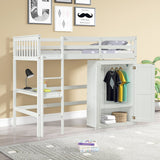 Gray Twin Size Wood Loft Bed with Desk and Wardrobe