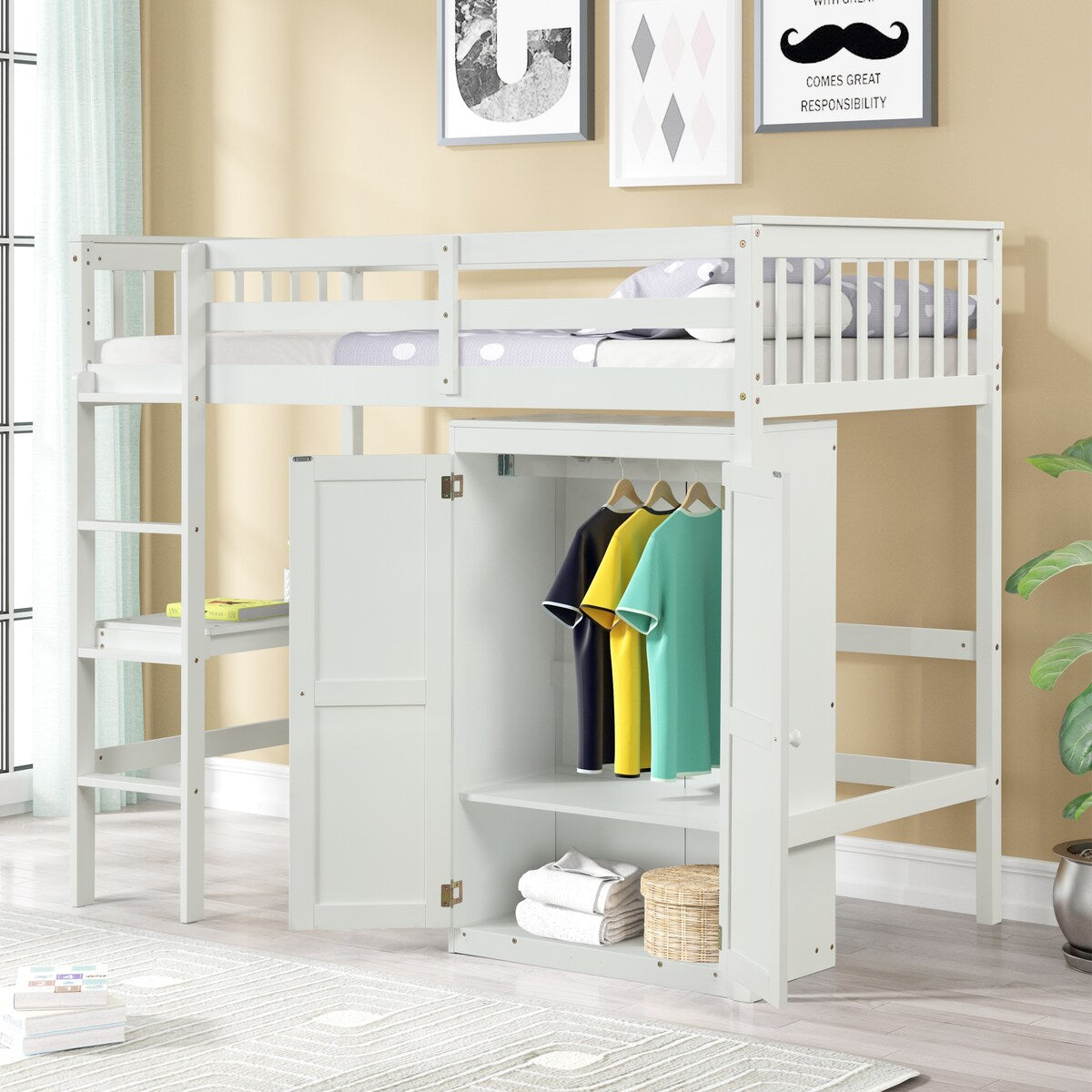 Gray Twin Size Wood Loft Bed with Desk and Wardrobe