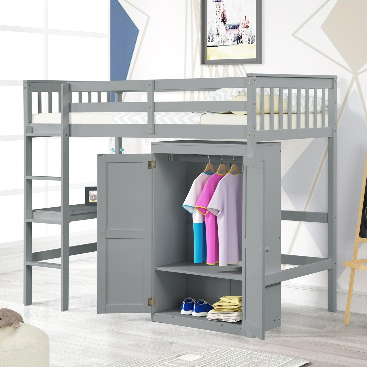 Gray Twin Size Wood Loft Bed with Desk and Wardrobe