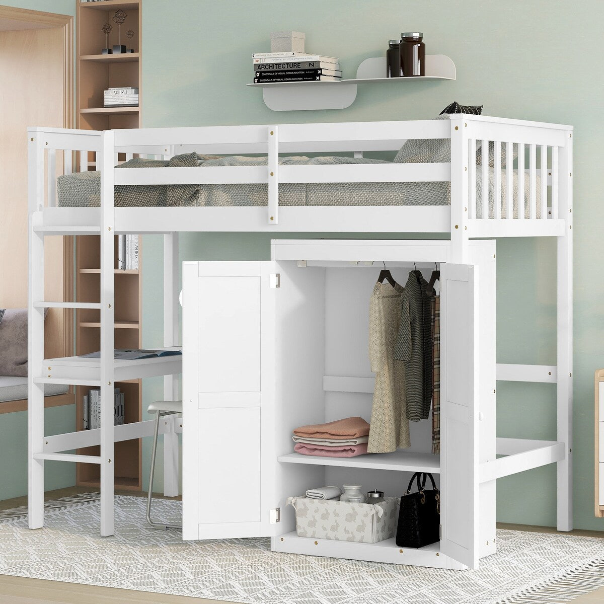 Gray Twin Size Wood Loft Bed with Desk and Wardrobe