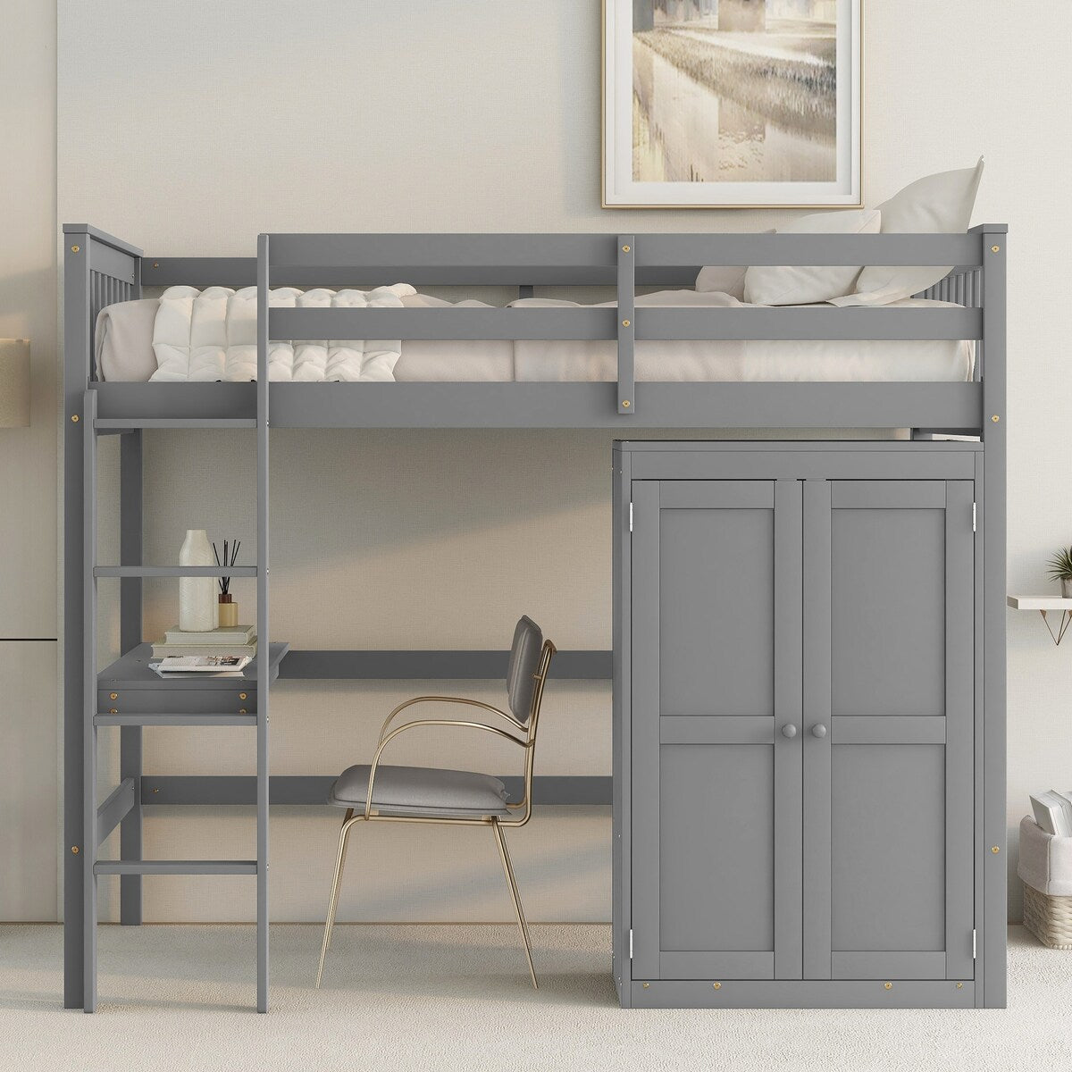 Gray Twin Size Wood Loft Bed with Desk and Wardrobe