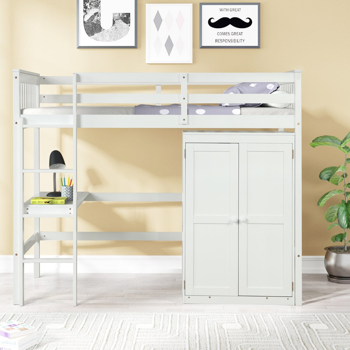 Gray Twin Size Wood Loft Bed with Desk and Wardrobe