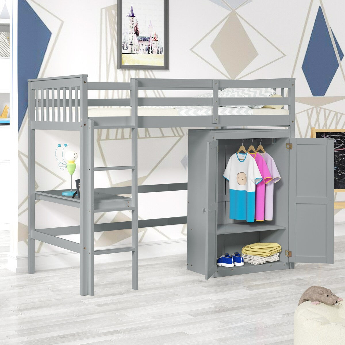 Gray Twin Size Wood Loft Bed with Desk and Wardrobe