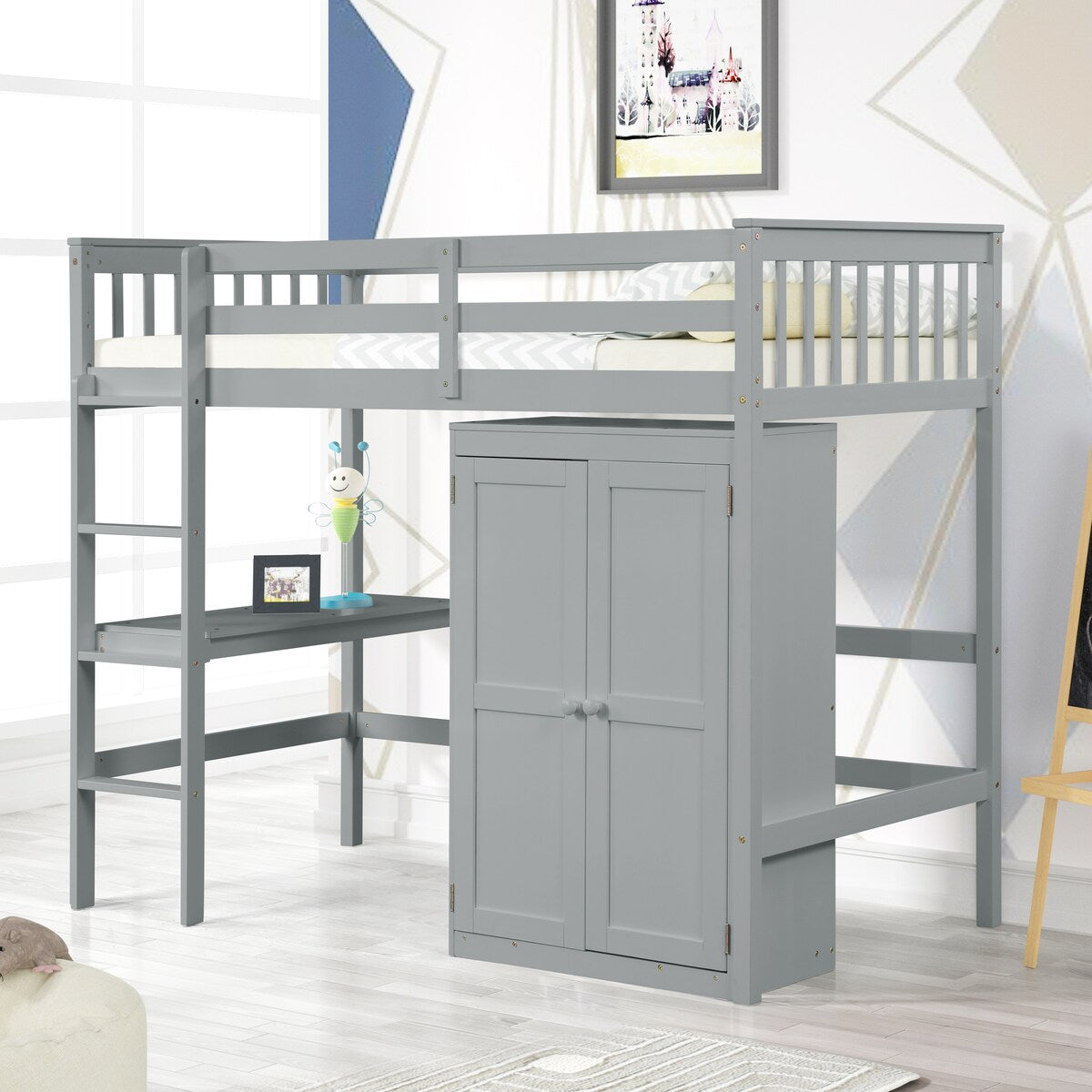 Gray Twin Size Wood Loft Bed with Desk and Wardrobe