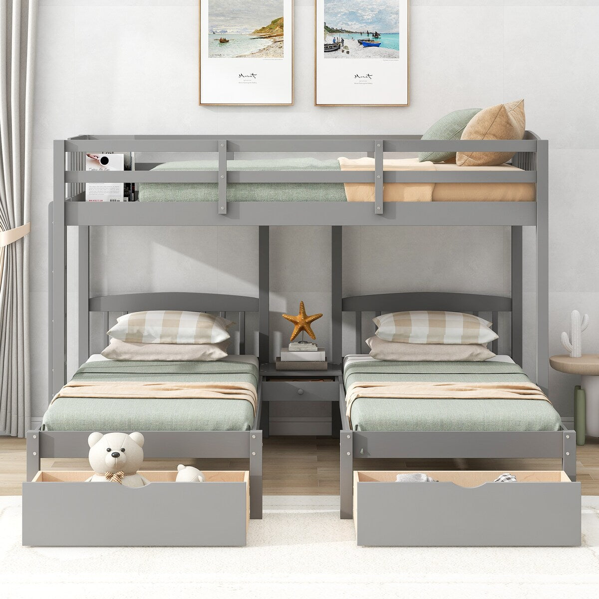 Gray Twin Solid Pine Triple Bunk Bed with Bedside Table, Drawers