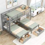 Gray Twin Solid Pine Triple Bunk Bed with Bedside Table, Drawers