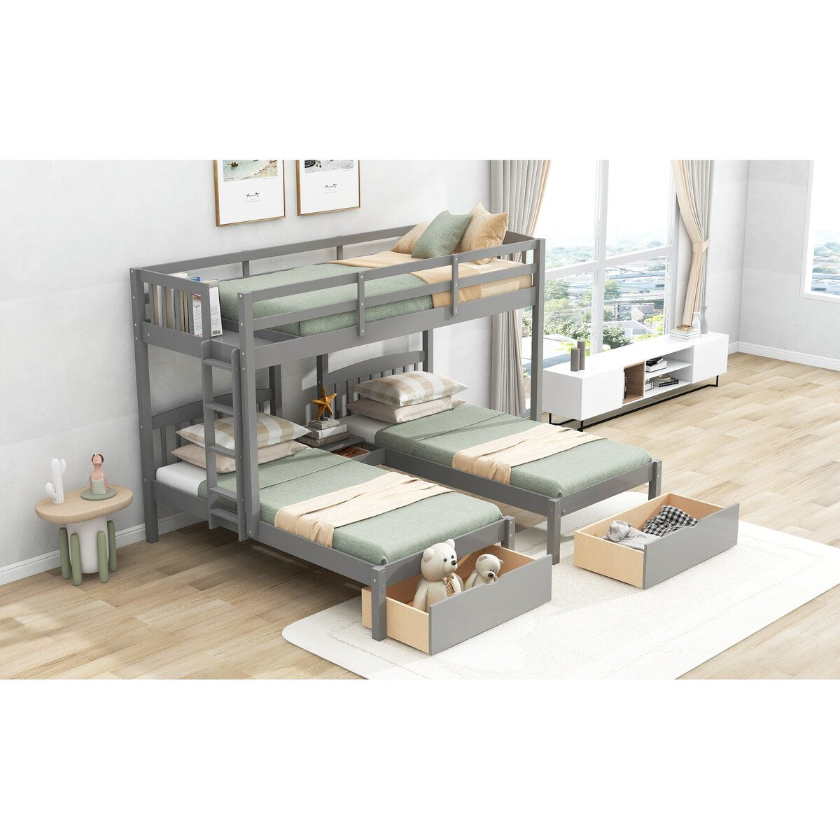 Gray Twin Solid Pine Triple Bunk Bed with Bedside Table, Drawers