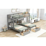 Gray Twin Solid Pine Triple Bunk Bed with Bedside Table, Drawers