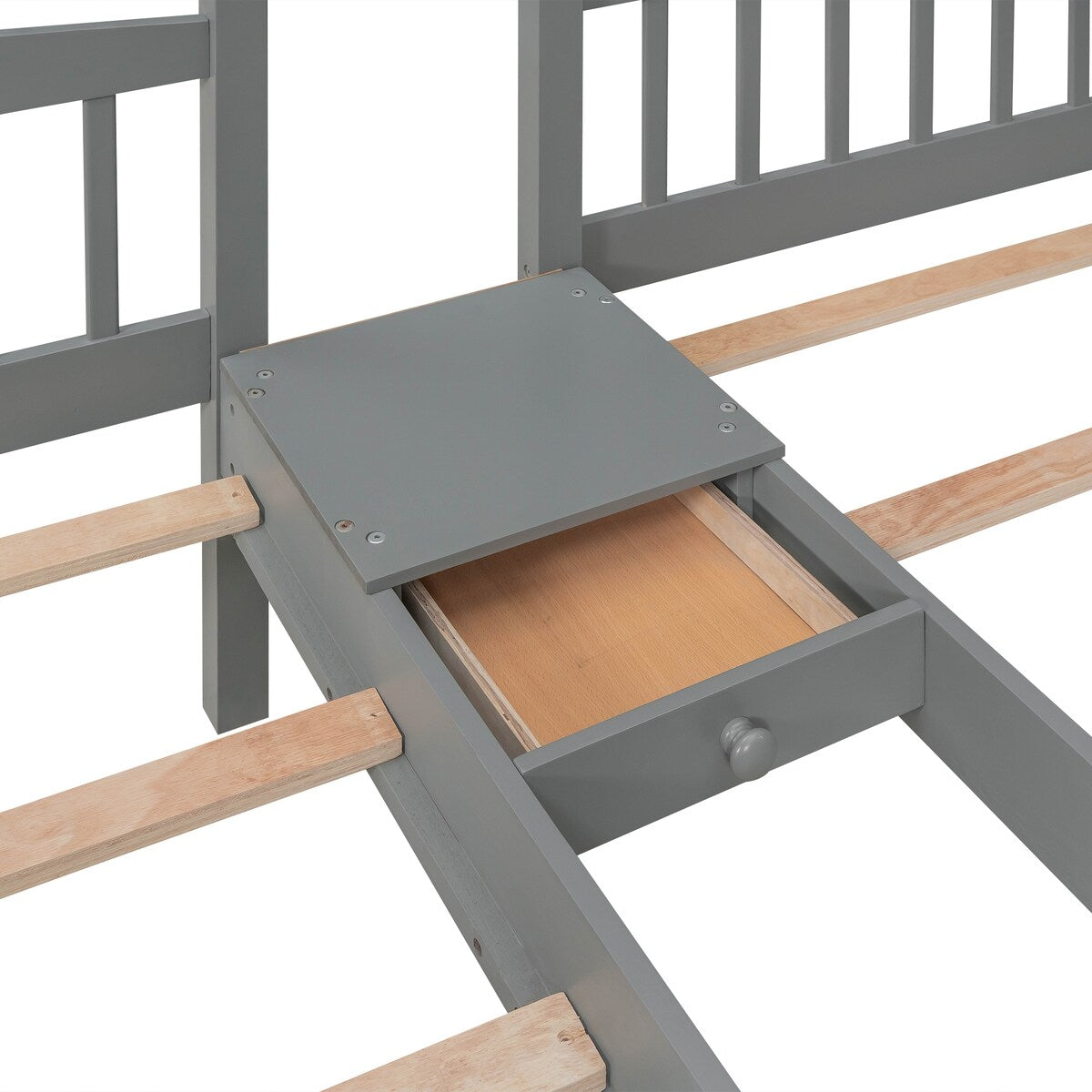 Gray Twin Solid Pine Triple Bunk Bed with Bedside Table, Drawers