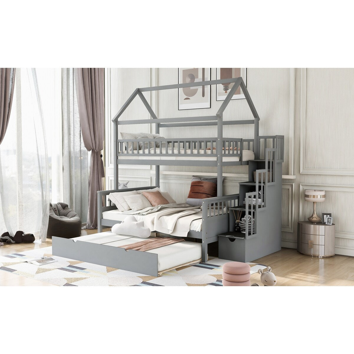 Gray Twin over Full Size House Bunk Bed with Storage Staircase and Trundle,Full-Length Guardrail