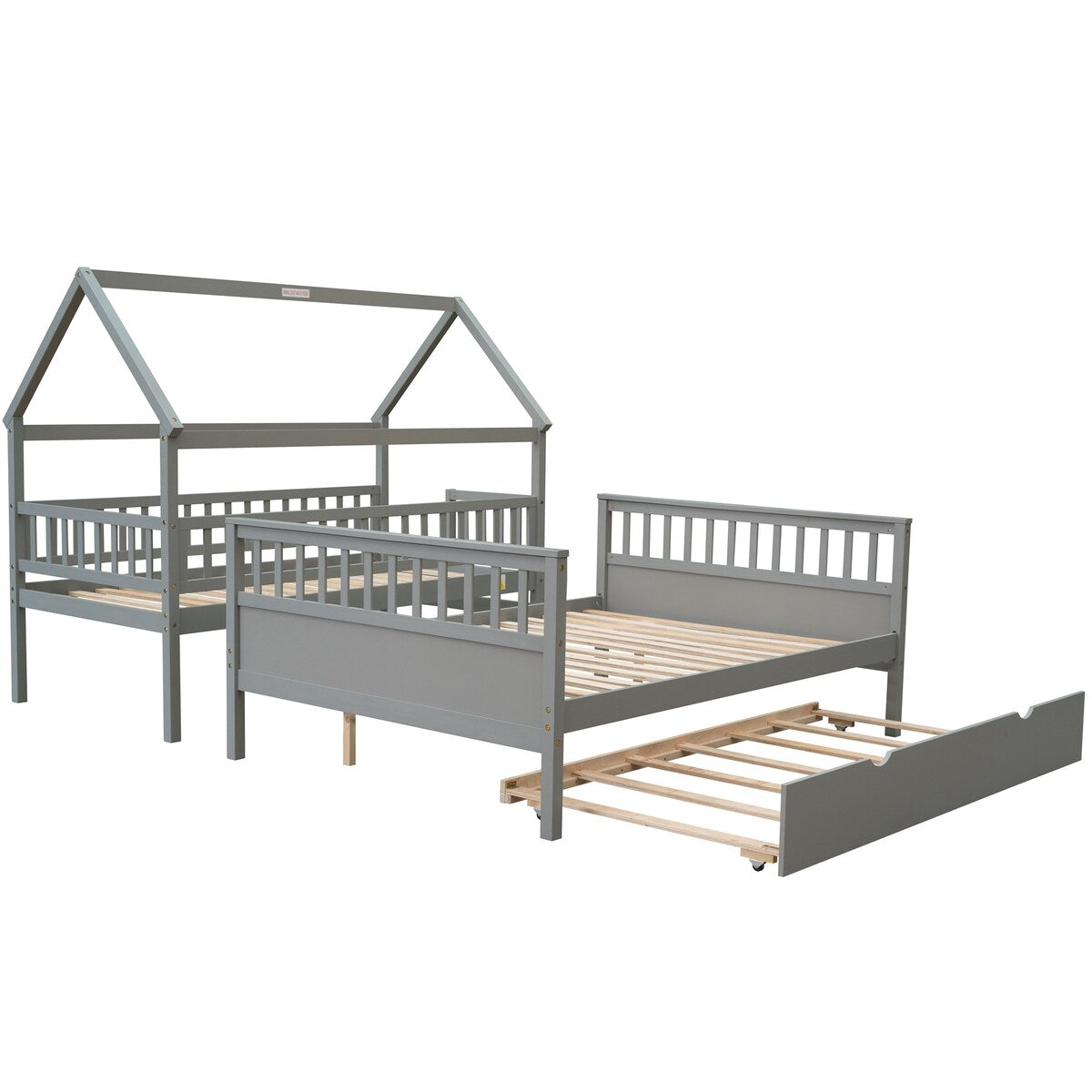 Gray Twin over Full Size House Bunk Bed with Storage Staircase and Trundle,Full-Length Guardrail