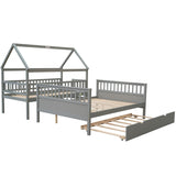 Gray Twin over Full Size House Bunk Bed with Storage Staircase and Trundle,Full-Length Guardrail