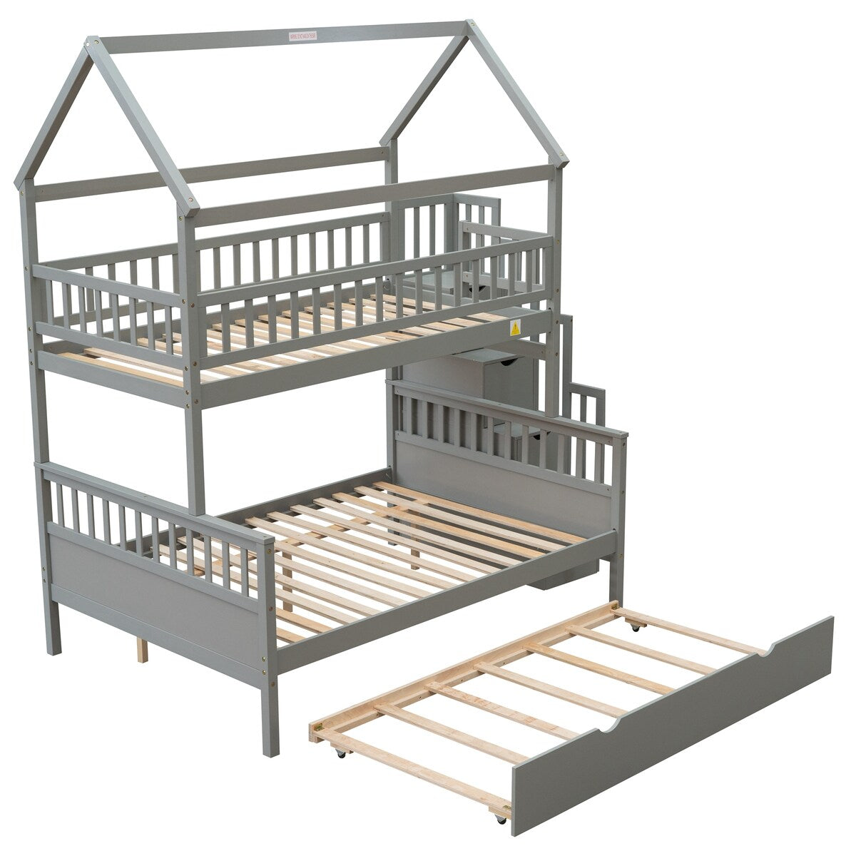 Gray Twin over Full Size House Bunk Bed with Storage Staircase and Trundle,Full-Length Guardrail