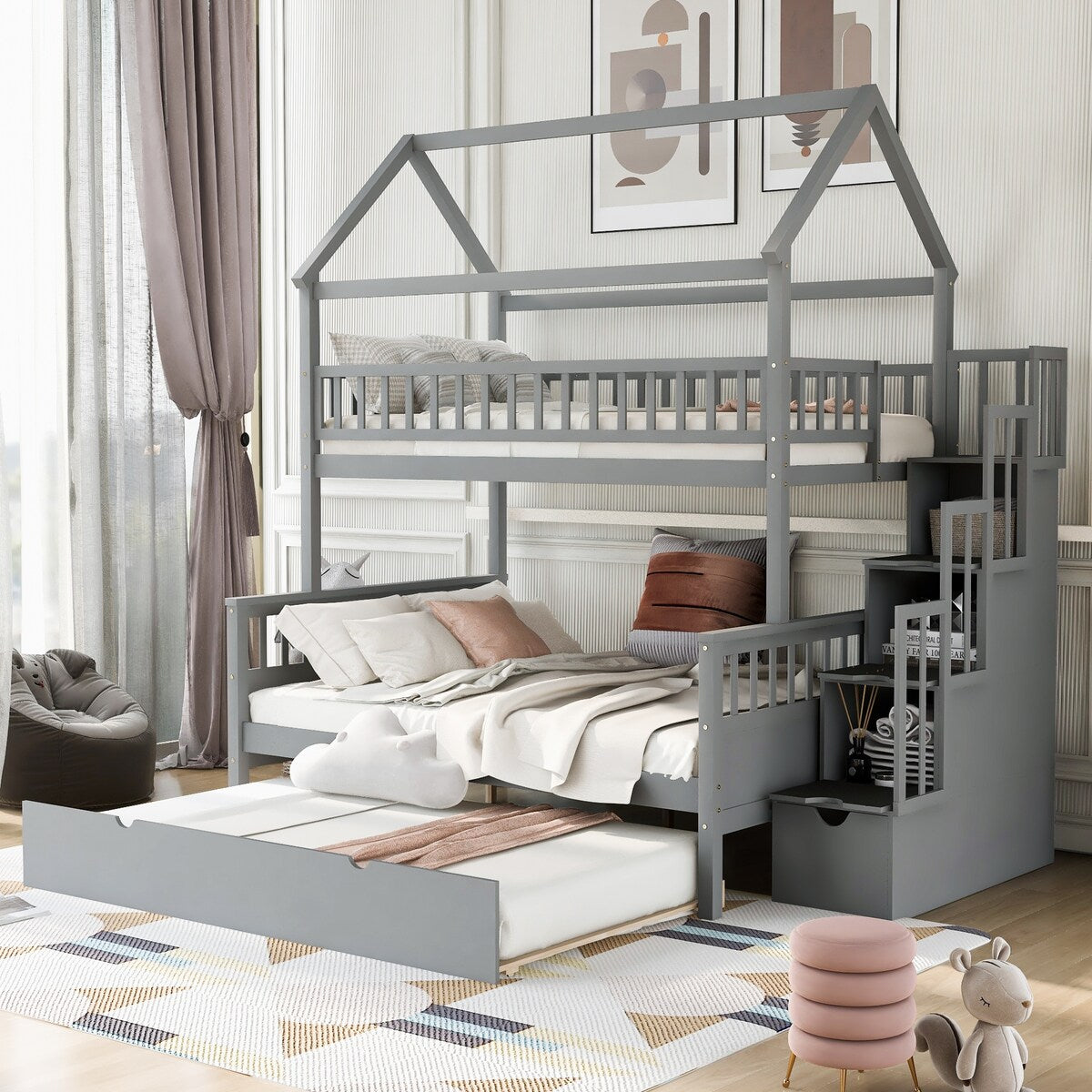 Gray Twin over Full Size House Bunk Bed with Storage Staircase and Trundle,Full-Length Guardrail