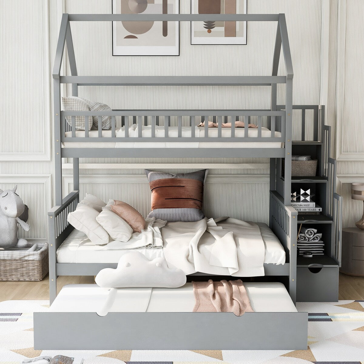 Gray Twin over Full Size House Bunk Bed with Storage Staircase and Trundle,Full-Length Guardrail