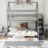 Gray Twin over Full Size House Bunk Bed with Storage Staircase and Trundle,Full-Length Guardrail