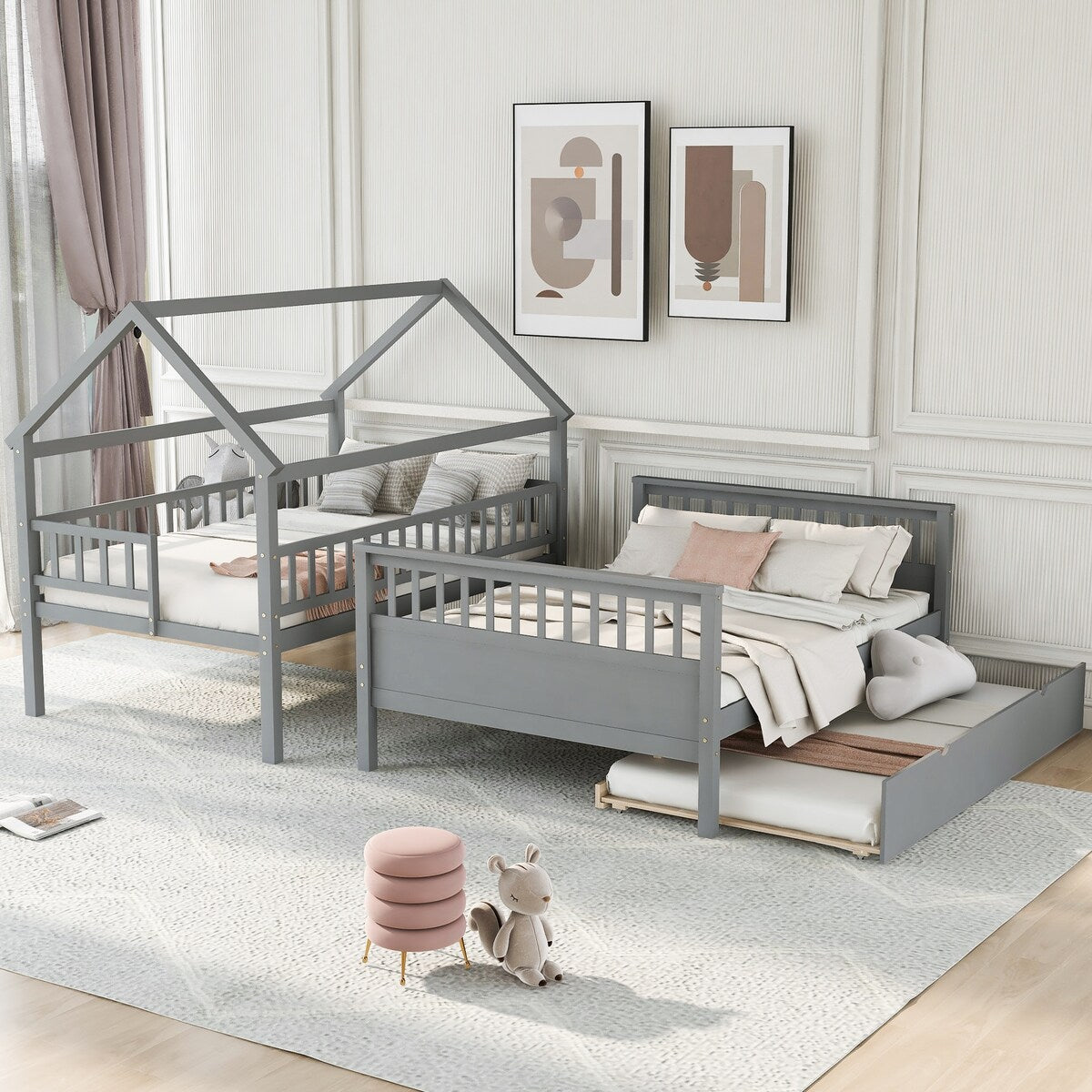 Gray Twin over Full Size House Bunk Bed with Storage Staircase and Trundle,Full-Length Guardrail