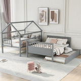 Gray Twin over Full Size House Bunk Bed with Storage Staircase and Trundle,Full-Length Guardrail