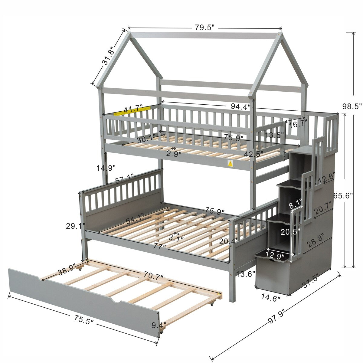 Gray Twin over Full Size House Bunk Bed with Storage Staircase and Trundle,Full-Length Guardrail