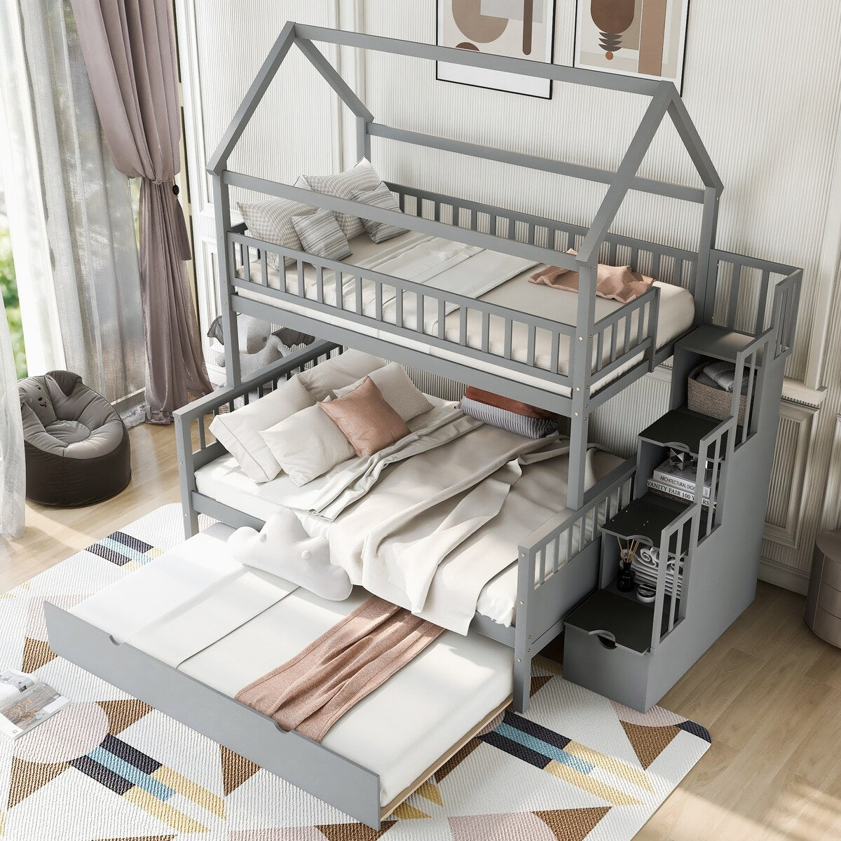 Gray Twin over Full Size House Bunk Bed with Storage Staircase and Trundle,Full-Length Guardrail