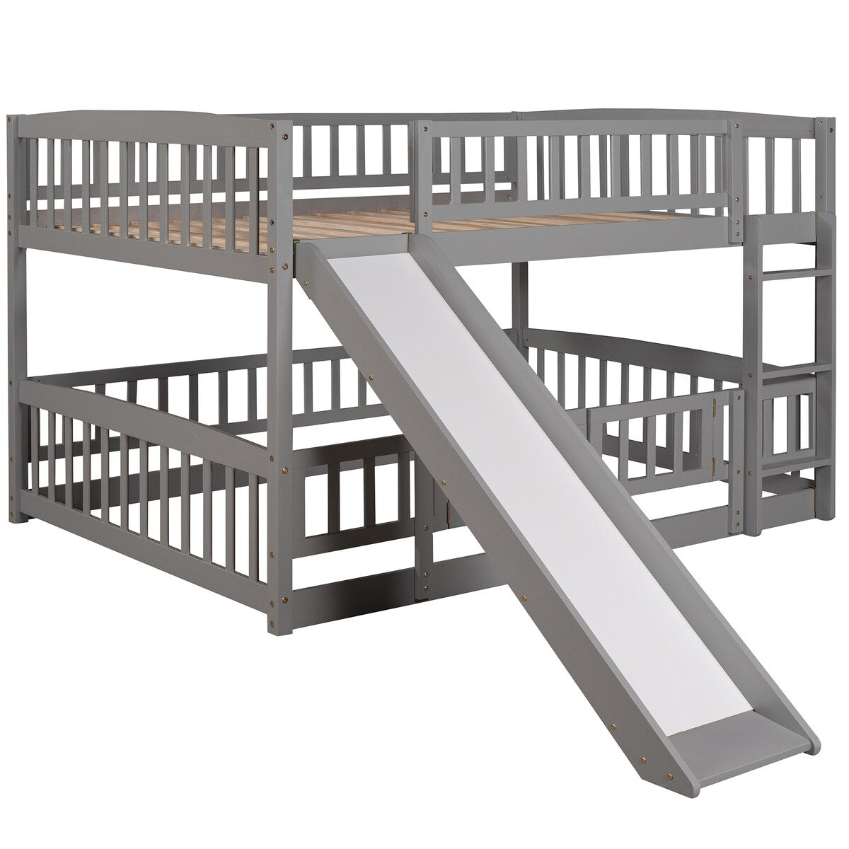 Gray Vertical Slats Fence Style Full Over Full Wood Low Bunk Bed with Ladder and Slide for Toddler Kids Teens