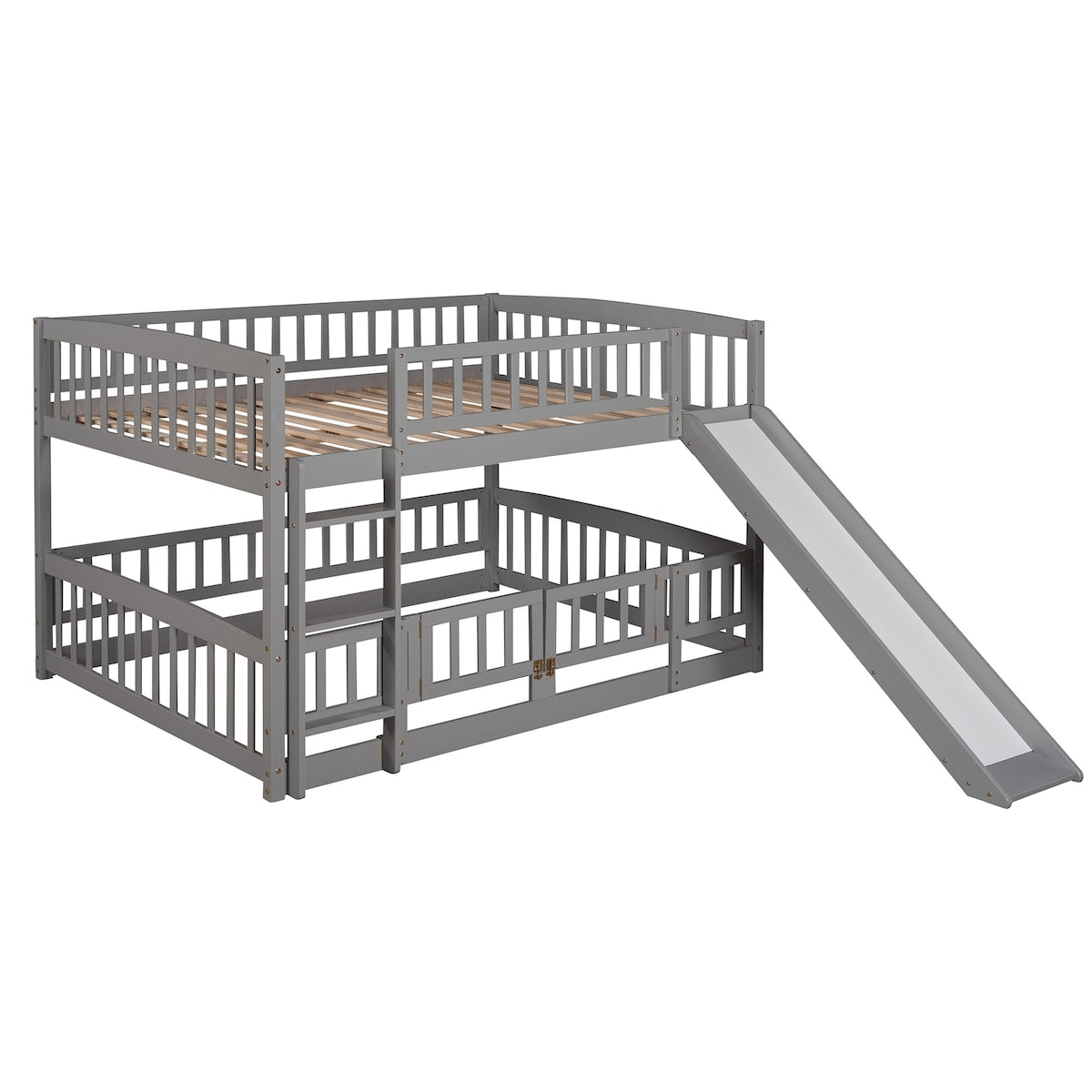 Gray Vertical Slats Fence Style Full Over Full Wood Low Bunk Bed with Ladder and Slide for Toddler Kids Teens