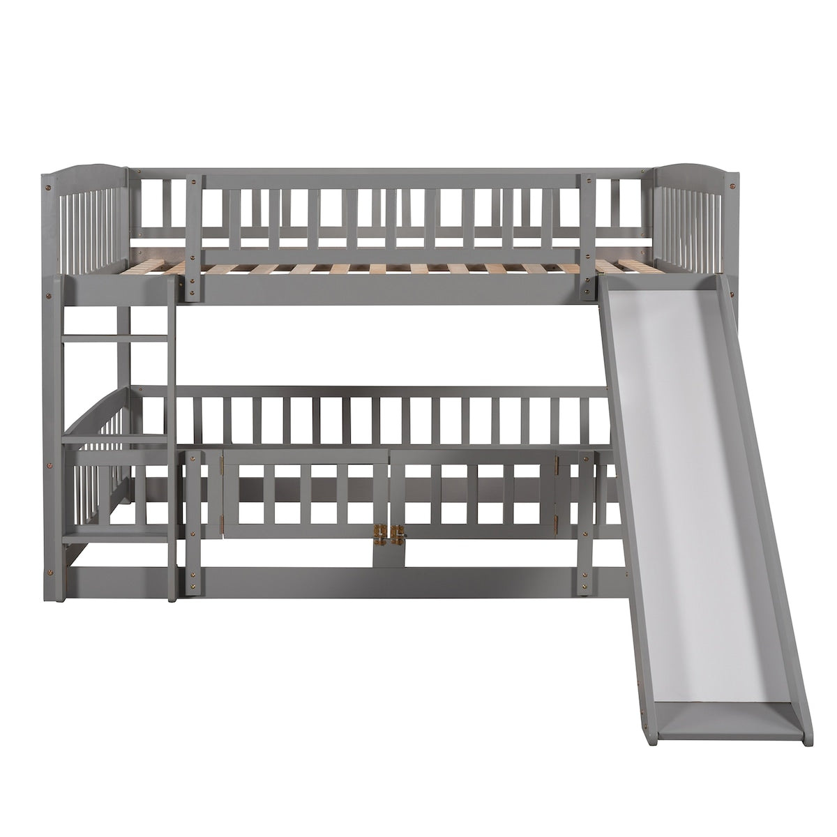 Gray Vertical Slats Fence Style Full Over Full Wood Low Bunk Bed with Ladder and Slide for Toddler Kids Teens