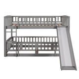 Gray Vertical Slats Fence Style Full Over Full Wood Low Bunk Bed with Ladder and Slide for Toddler Kids Teens