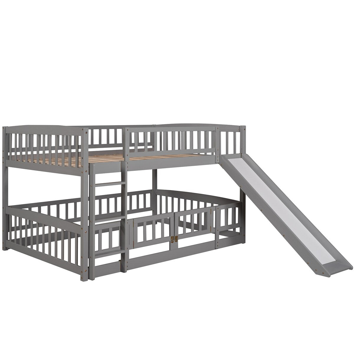 Gray Vertical Slats Fence Style Full Over Full Wood Low Bunk Bed with Ladder and Slide for Toddler Kids Teens