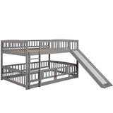 Gray Vertical Slats Fence Style Full Over Full Wood Low Bunk Bed with Ladder and Slide for Toddler Kids Teens