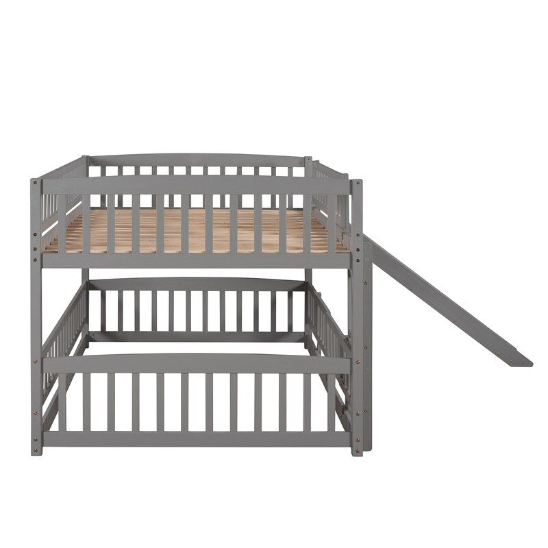 Gray Vertical Slats Fence Style Full Over Full Wood Low Bunk Bed with Ladder and Slide for Toddler Kids Teens