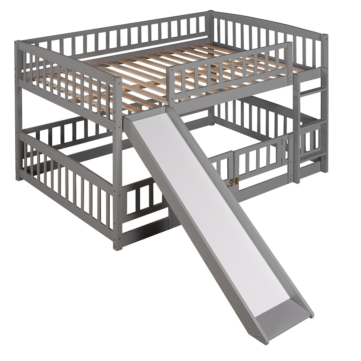 Gray Vertical Slats Fence Style Full Over Full Wood Low Bunk Bed with Ladder and Slide for Toddler Kids Teens