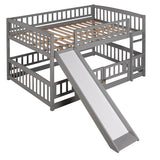 Gray Vertical Slats Fence Style Full Over Full Wood Low Bunk Bed with Ladder and Slide for Toddler Kids Teens
