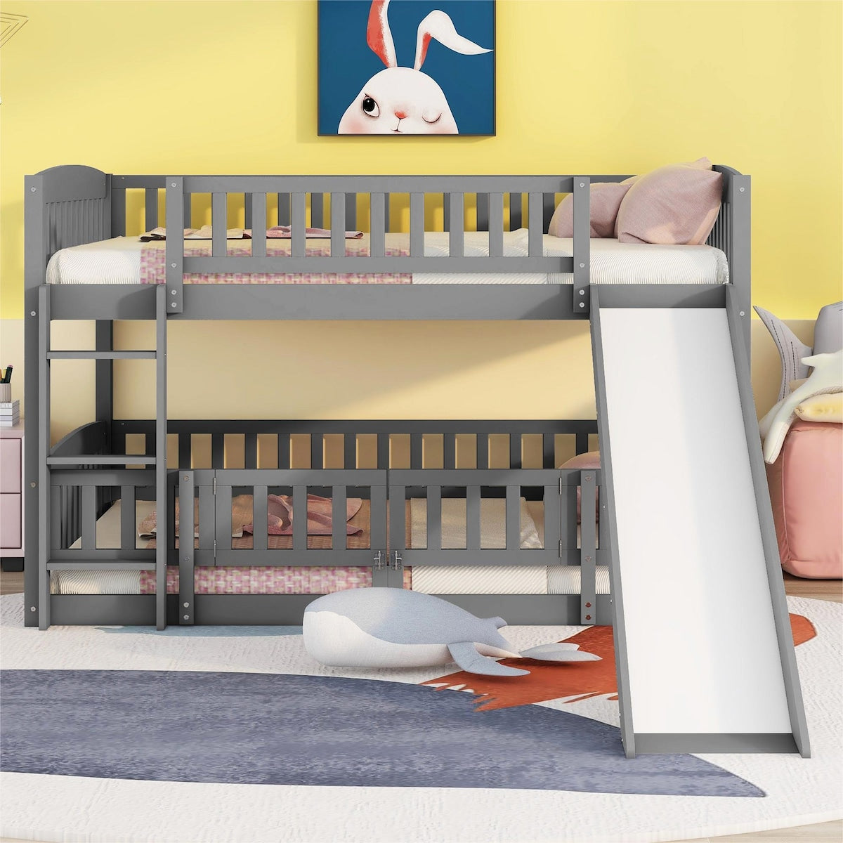 Gray Vertical Slats Fence Style Full Over Full Wood Low Bunk Bed with Ladder and Slide for Toddler Kids Teens
