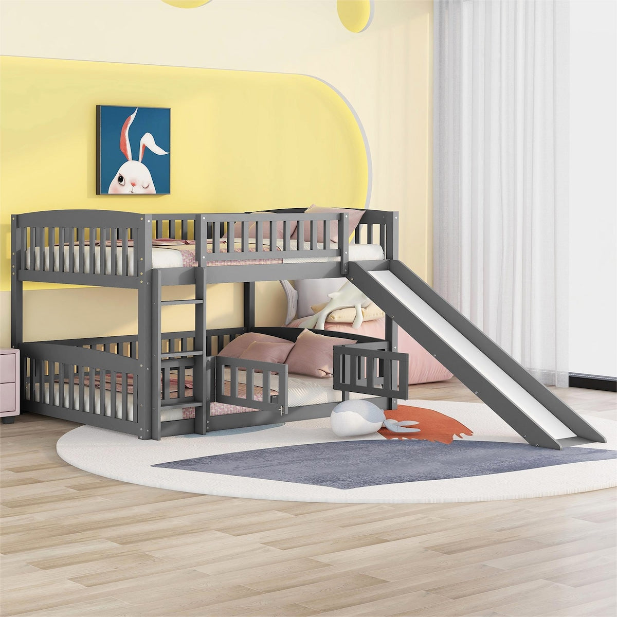 Gray Vertical Slats Fence Style Full Over Full Wood Low Bunk Bed with Ladder and Slide for Toddler Kids Teens