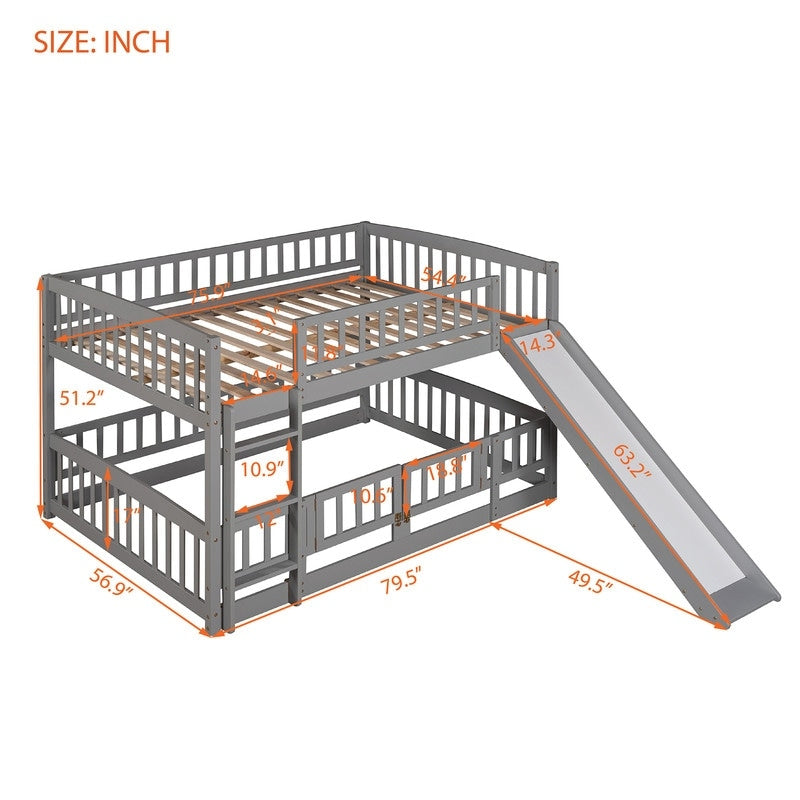 Gray Vertical Slats Fence Style Full Over Full Wood Low Bunk Bed with Ladder and Slide for Toddler Kids Teens