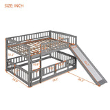 Gray Vertical Slats Fence Style Full Over Full Wood Low Bunk Bed with Ladder and Slide for Toddler Kids Teens
