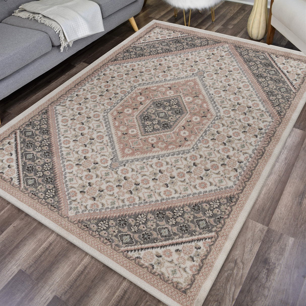 Sevita Gray and Blush Pink Oriental Area Rug