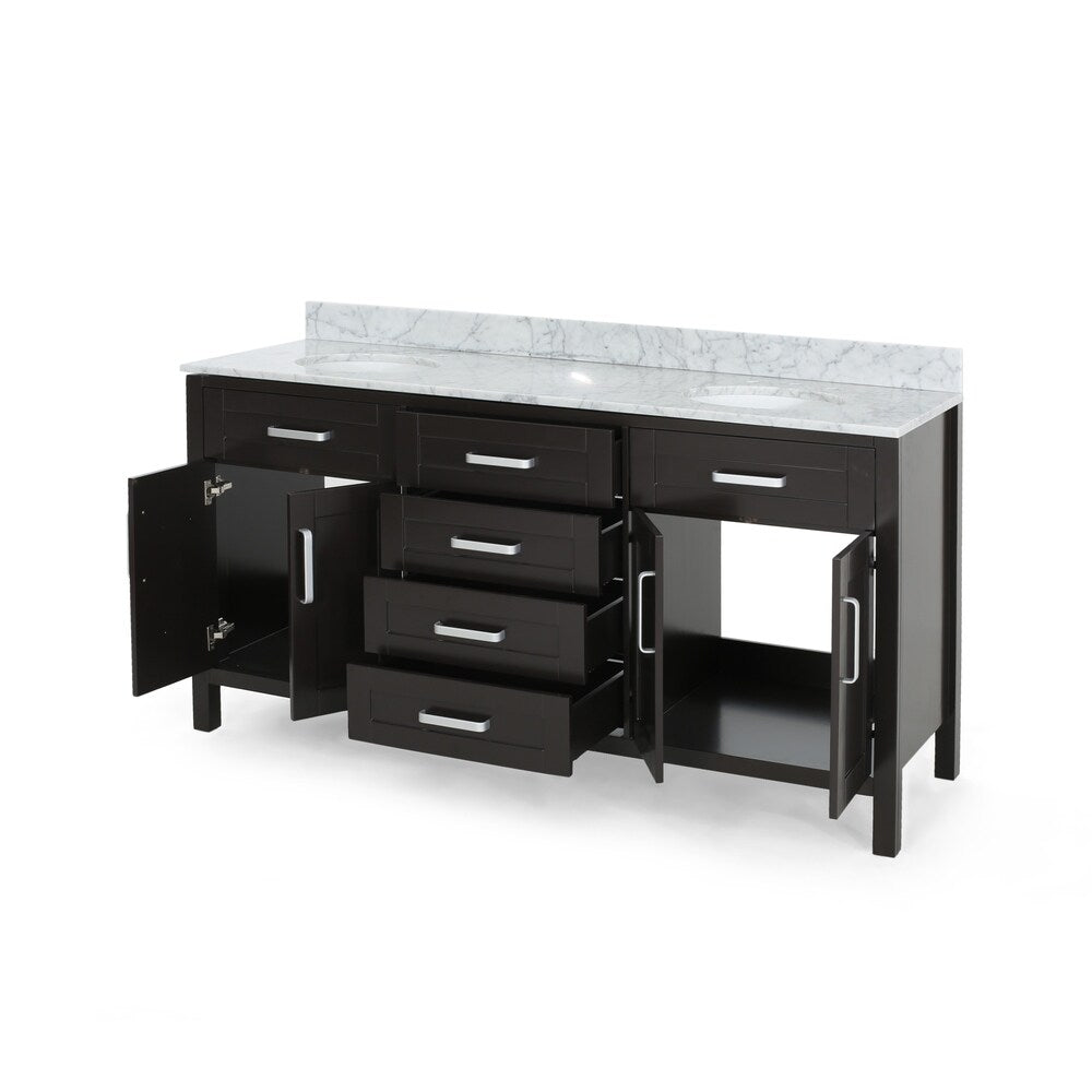 Greeley Contemporary 72" Wood Double Sink Bathroom Vanity with Carrera Marble Top by Christopher Knight Home