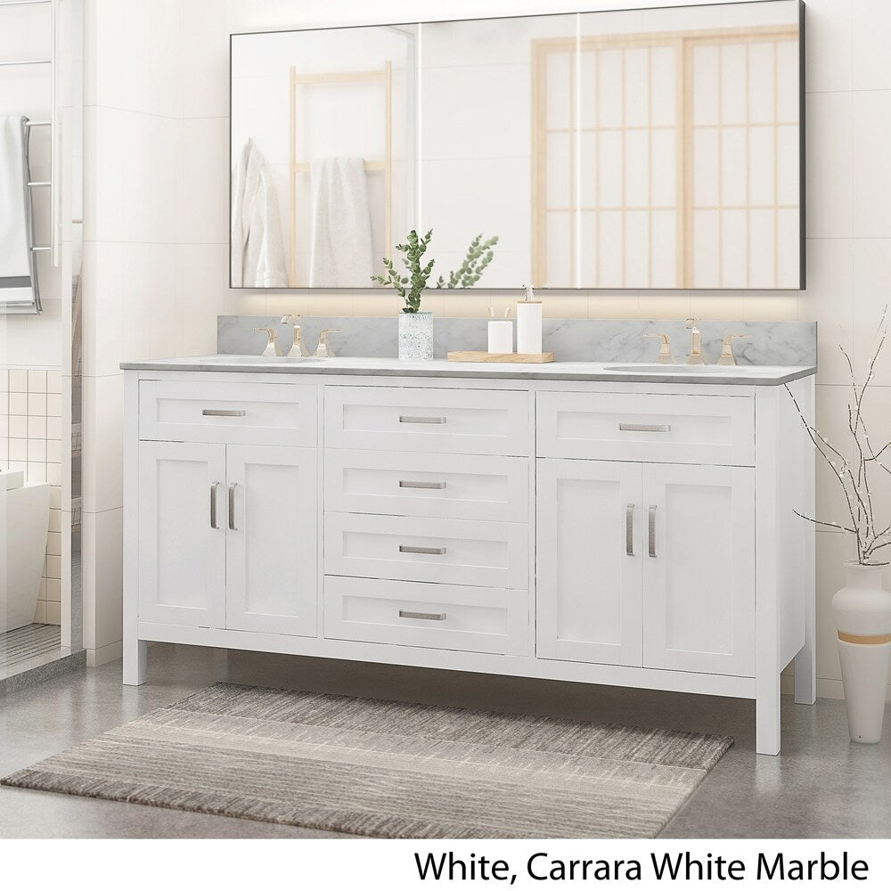 Greeley Contemporary 72" Wood Double Sink Bathroom Vanity with Carrera Marble Top by Christopher Knight Home