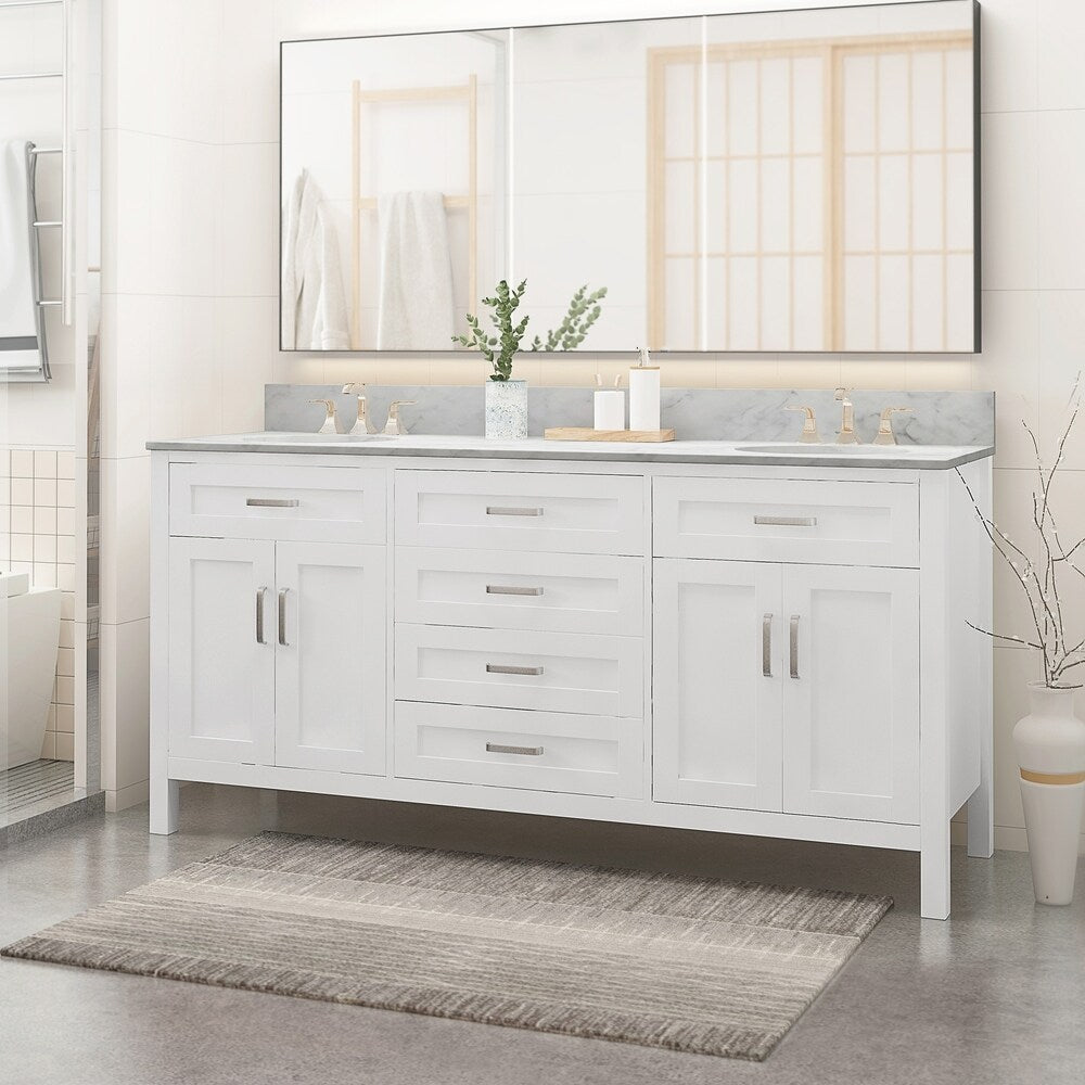 Greeley Contemporary 72" Wood Double Sink Bathroom Vanity with Carrera Marble Top by Christopher Knight Home